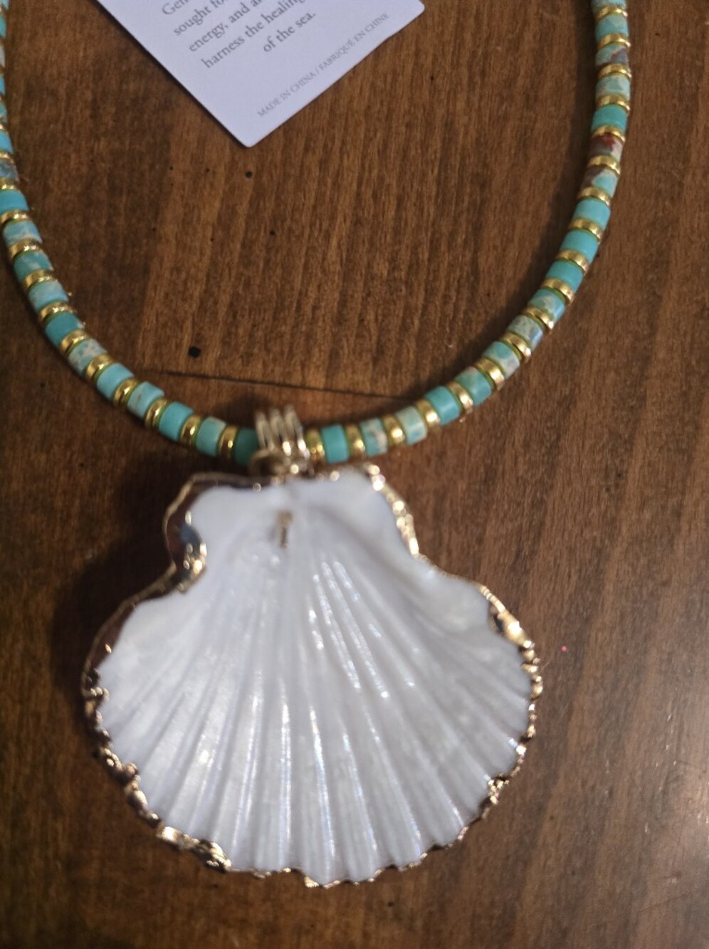 Turquoise Beaded Necklace with Gold-Trim Shell Pendant - Picture 5 of 5